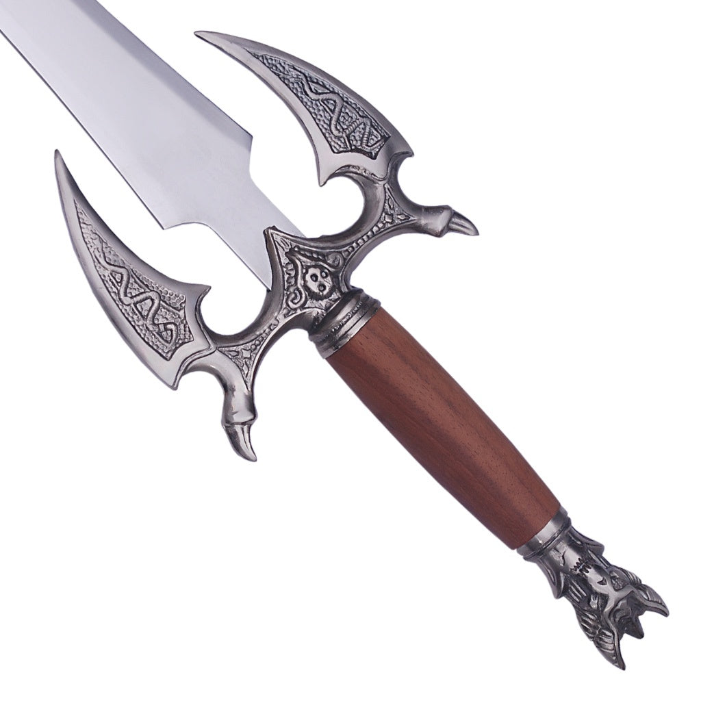 Kilgorin Sword of Darkness fantasy replica by Kit Rae featuring a brown grip, ornate guard, and decorative display design.