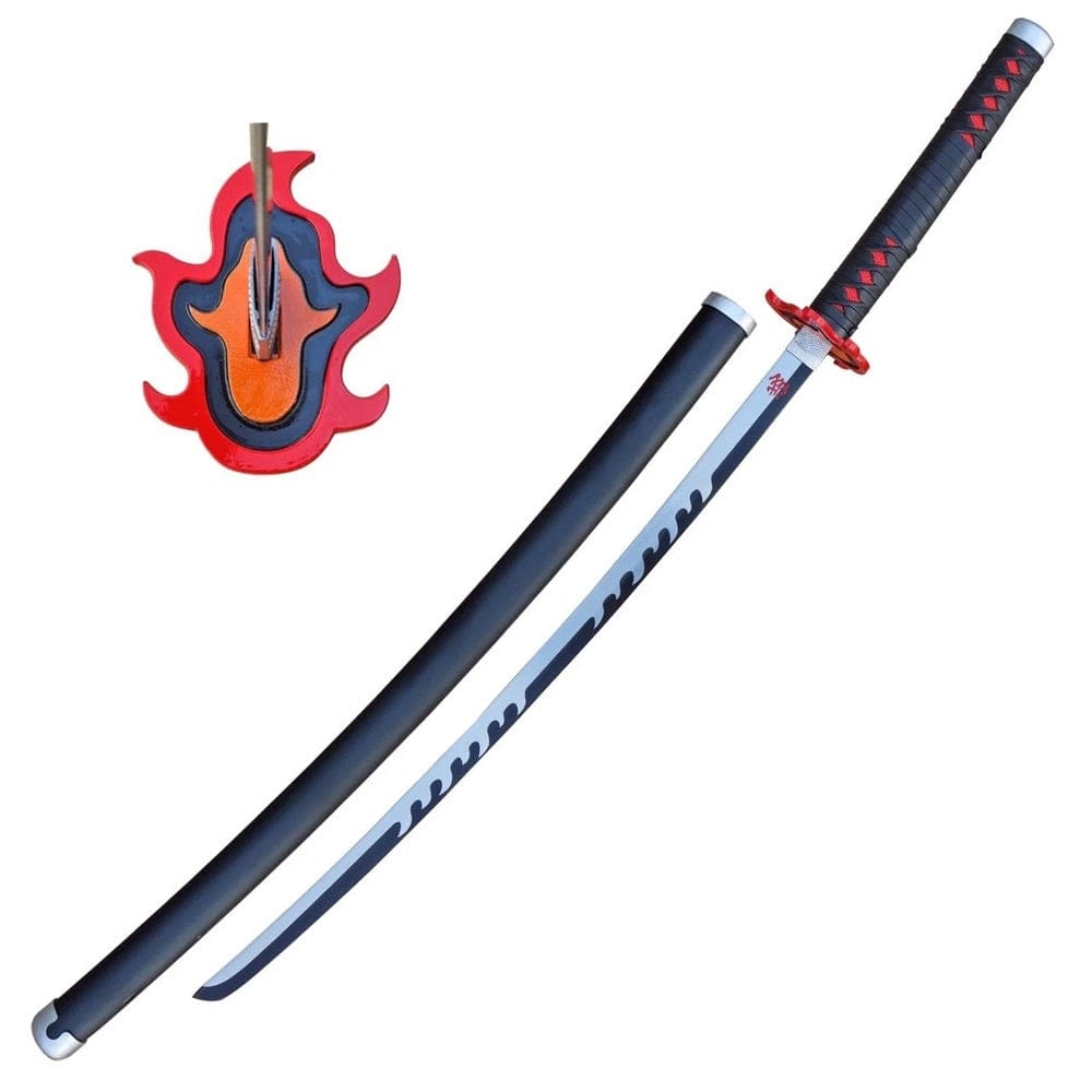 Kyojuro Rengoku's Flame Nichirin sword replica from Demon Slayer featuring a flame-patterned katana blade with a traditional wrapped handle.