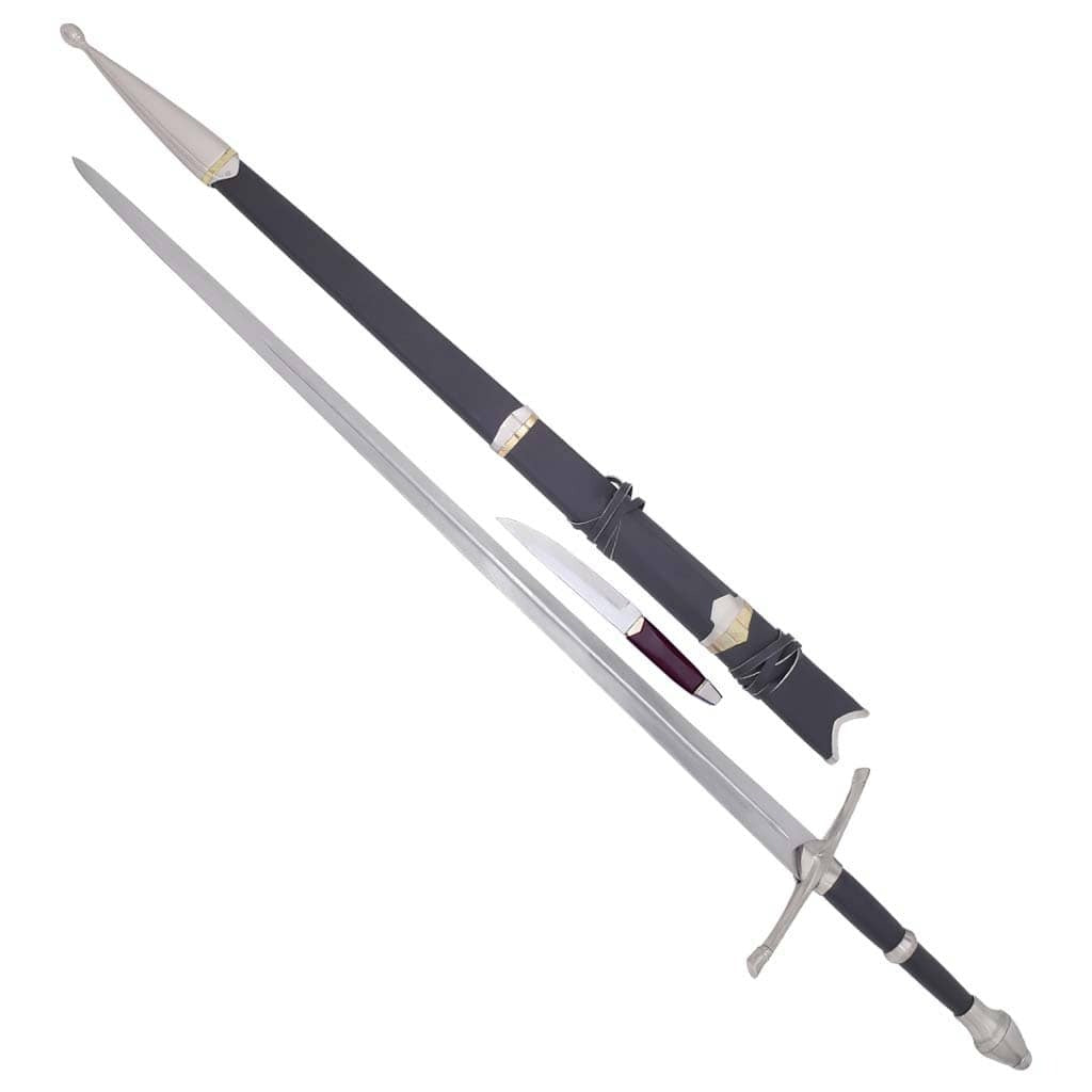 Aragorn Strider Ranger sword replica from The Lord of the Rings with a matching ranger knife and medieval-style design.