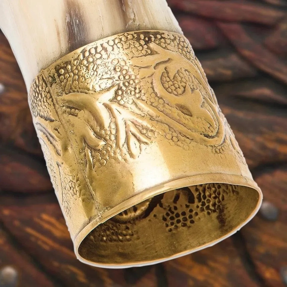 Medieval Brass Trim Viking Horn Drinking Mug 15" Natural Cow Horn