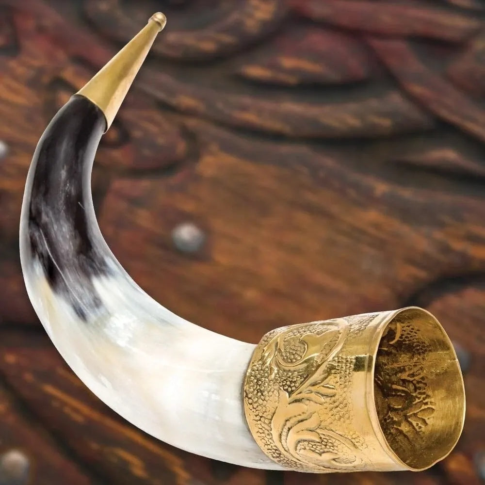 Medieval Brass Trim Viking Horn Drinking Mug 15" Natural Cow Horn