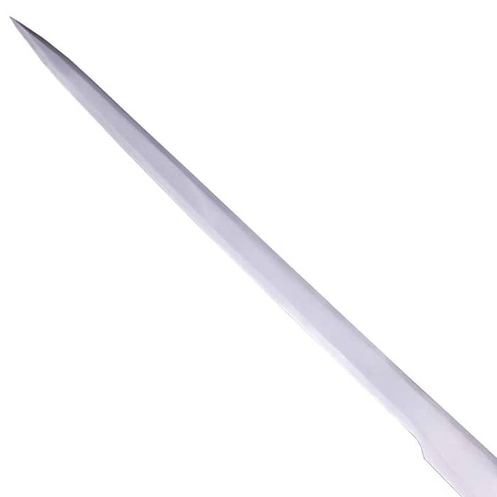 A close-up of a long, slender metallic rod or shaft, likely stainless steel, shown diagonally against a plain white background.