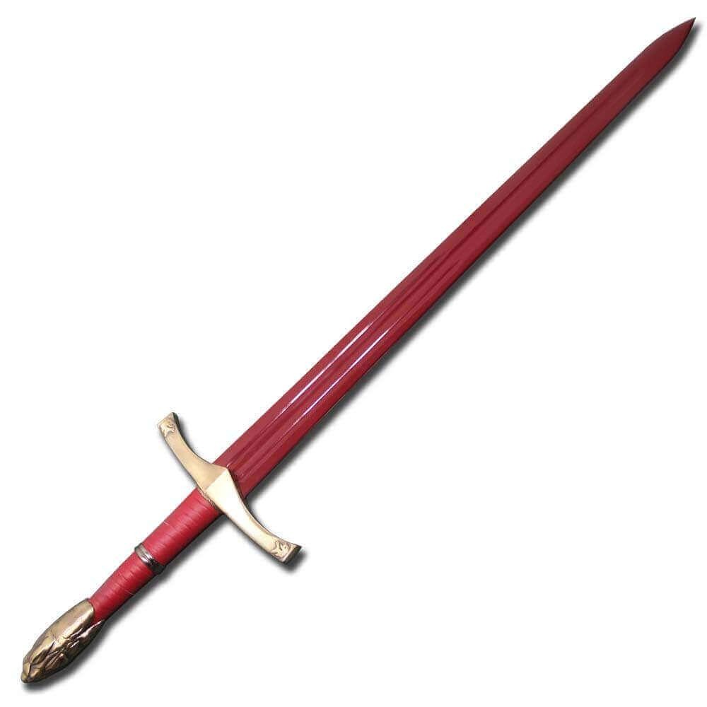Red Oathkeeper sword replica from Game of Thrones featuring a Valyrian Steel-style blade with a House Tarth wall plaque.