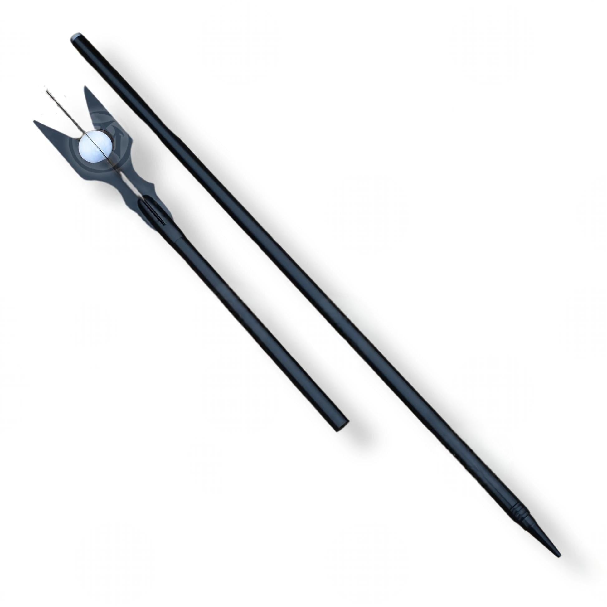 Saruman's Black Wizard Staff replica from The Lord of the Rings featuring a dark carved design with an ornate crown top.