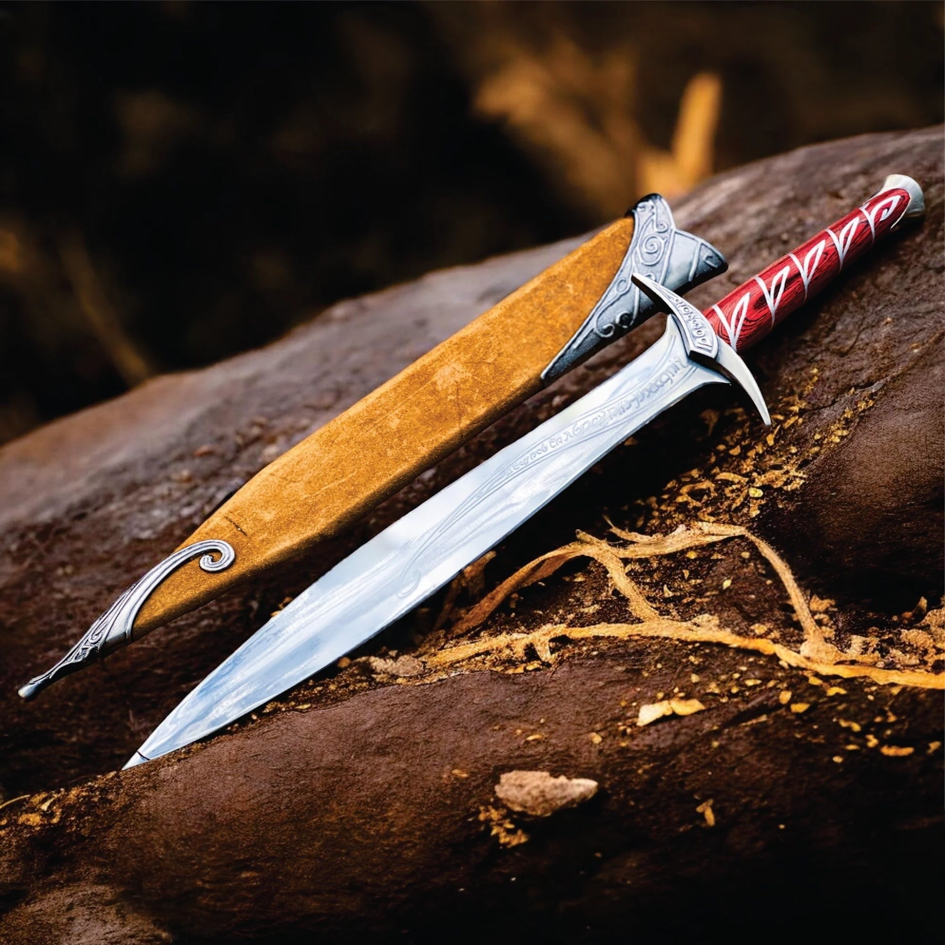 36-inch Sting sword movie replica from The Lord of the Rings featuring a stainless steel Elven-style blade and detailed hilt.