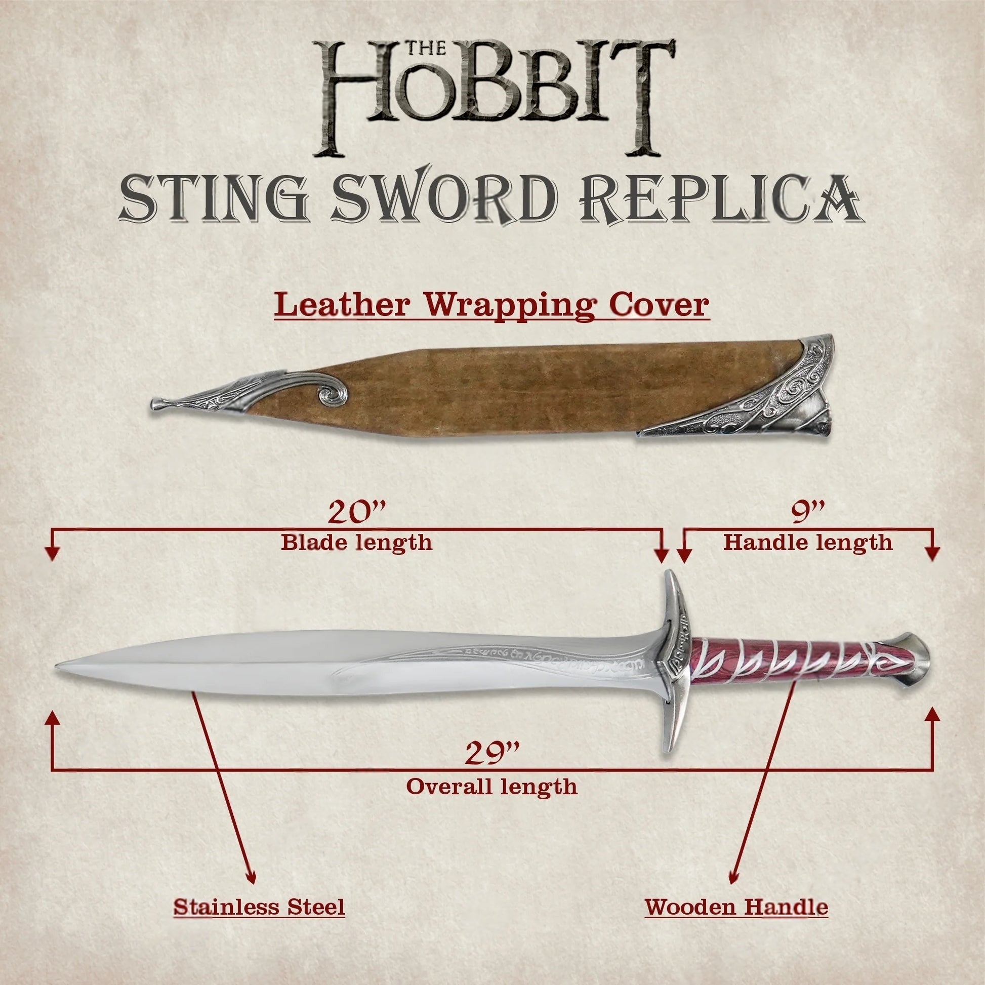 Sting sword replica from The Lord of the Rings featuring an Elven-style blade with a decorative wall plaque.