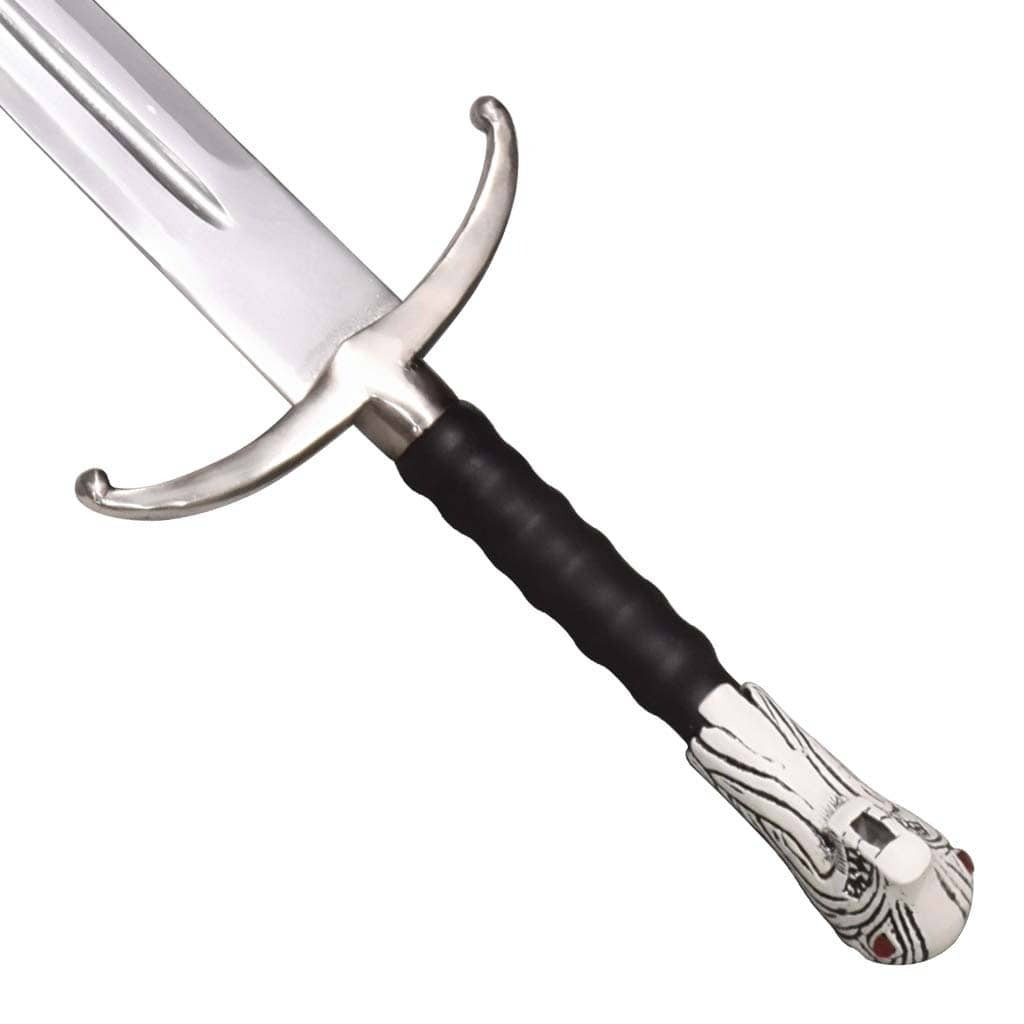 A medieval-style sword with a polished silver blade, curved silver crossguard, black grip, and ornate silver pommel featuring a dragon design and small red gem accents, shown on a plain white background.