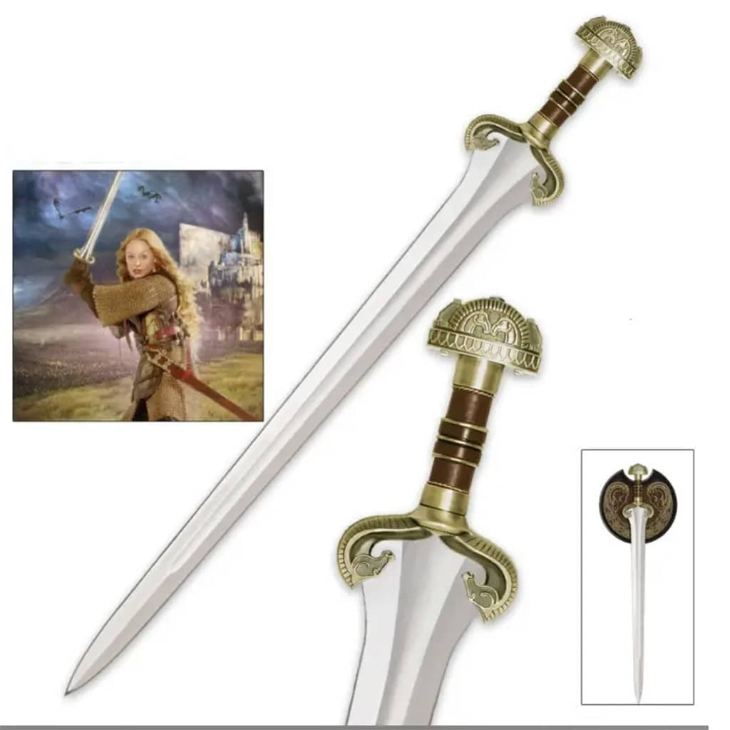 Éowyn's sword replica from The Lord of the Rings featuring a medieval-style blade with an included display stand.