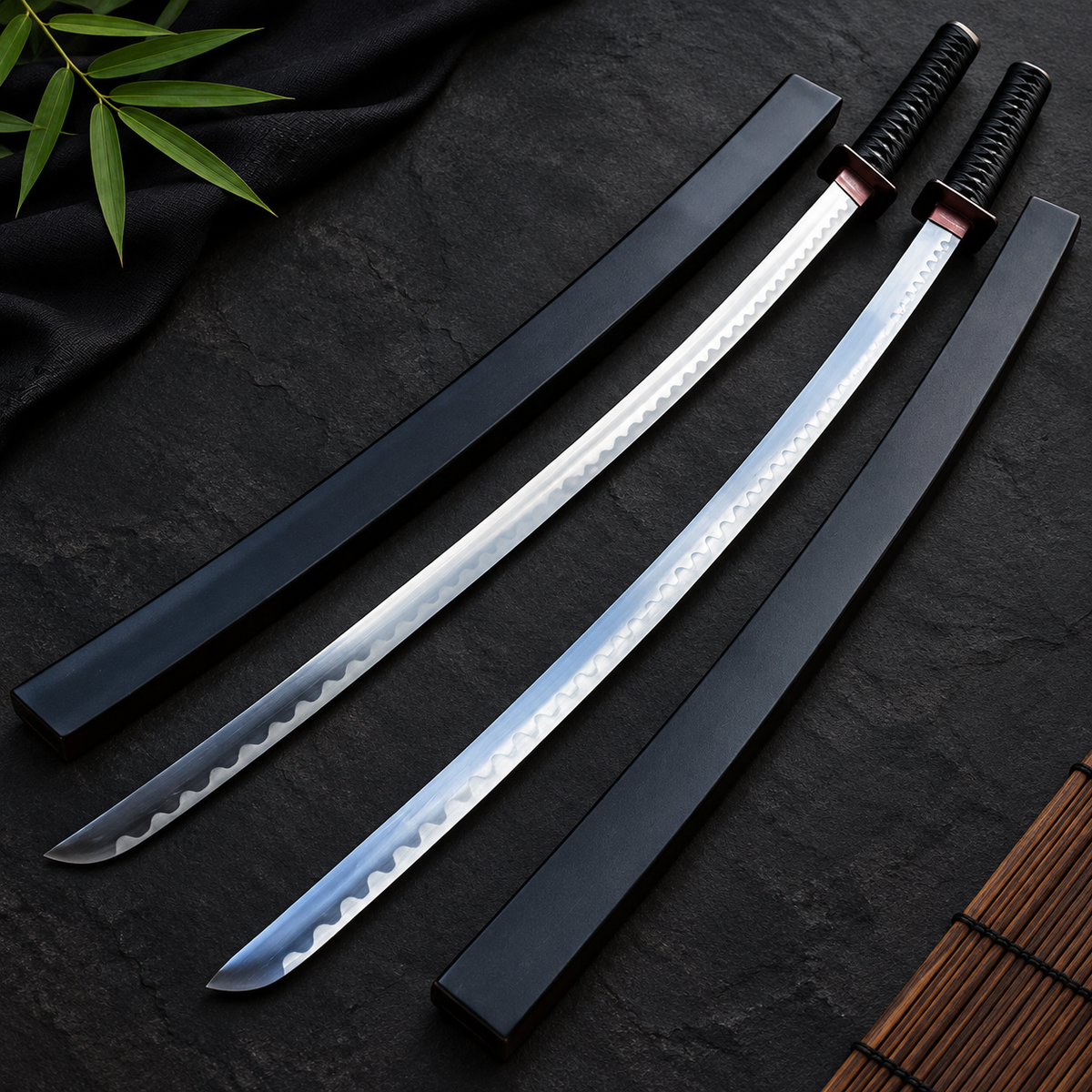 Deadpool Samurai Twin Katana Sword Set with Red Tsuba, Matching Dual Sword Replicas, and Back Strap for Collectors
