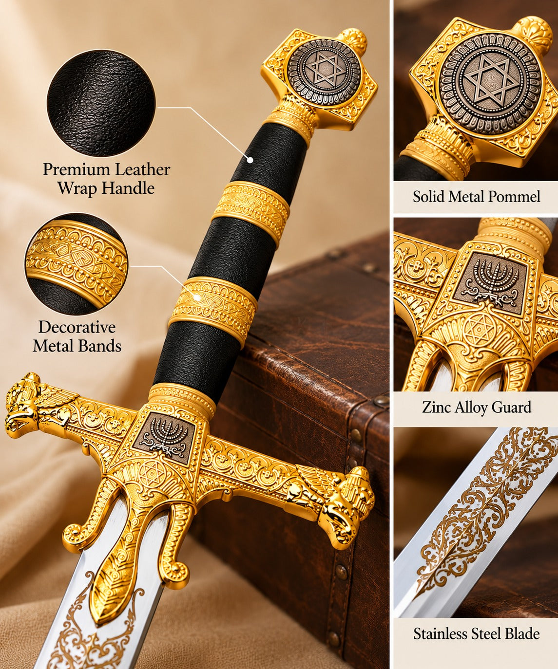 Legends in Steel King Solomon Decorative Medieval Sword with Ornate Hilt, Polished Stainless Steel Blade, and Free Wall Mount Plaque
