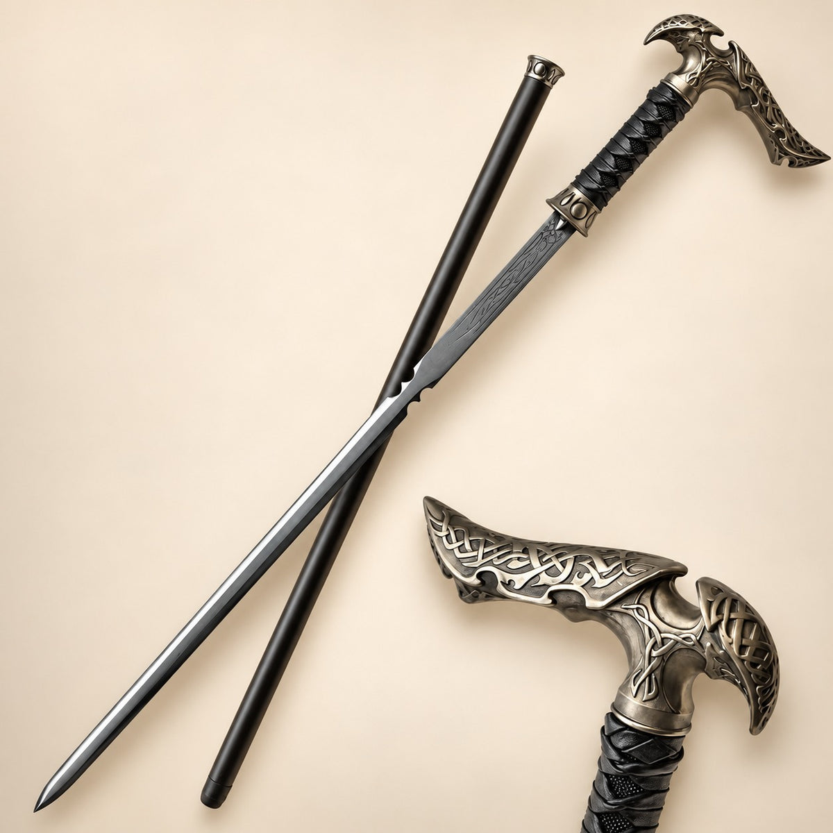 Kit Rae Black Axios Fantasy Cane with Black Finish, Leather-Wrapped Grip and Decorative Scrollwork Design