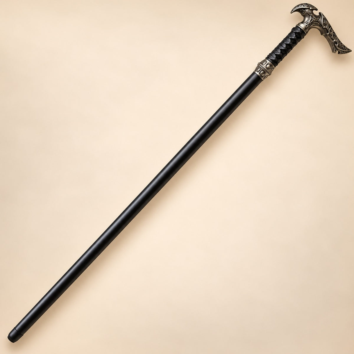 Kit Rae Black Axios Fantasy Cane with Black Finish, Leather-Wrapped Grip and Decorative Scrollwork Design