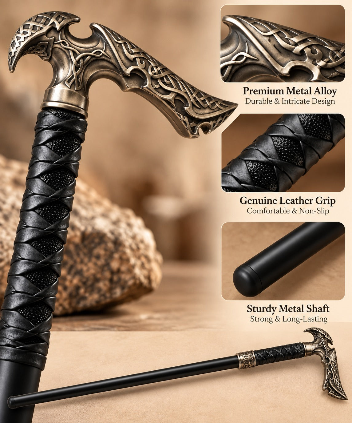 Kit Rae Black Axios Fantasy Cane with Black Finish, Leather-Wrapped Grip and Decorative Scrollwork Design