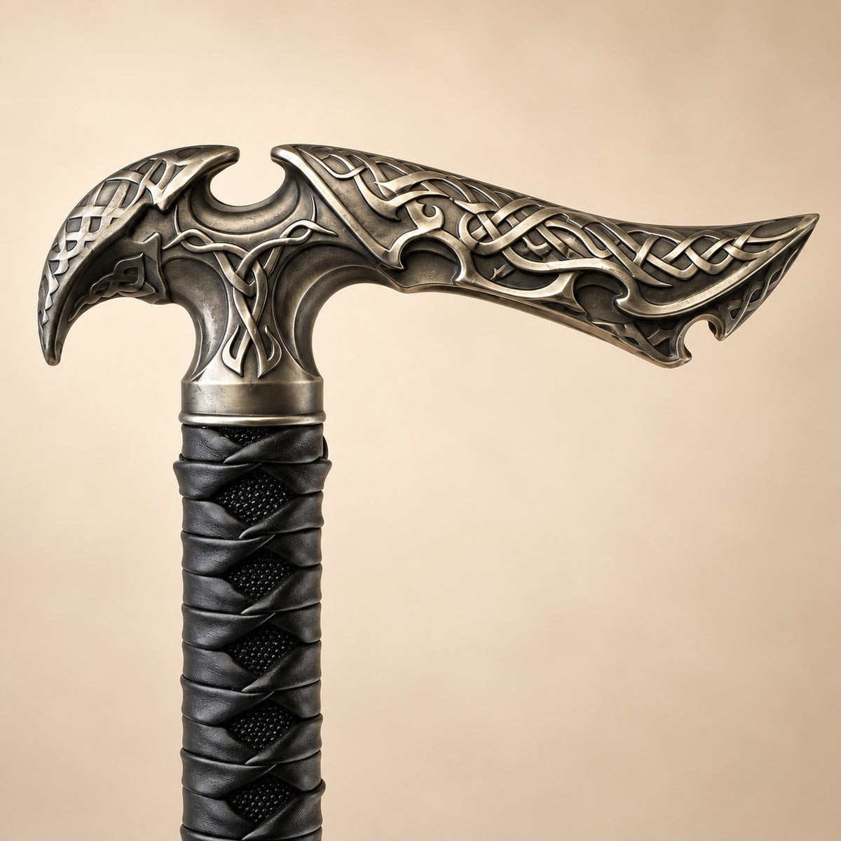 Kit Rae Black Axios Fantasy Cane with Black Finish, Leather-Wrapped Grip and Decorative Scrollwork Design
