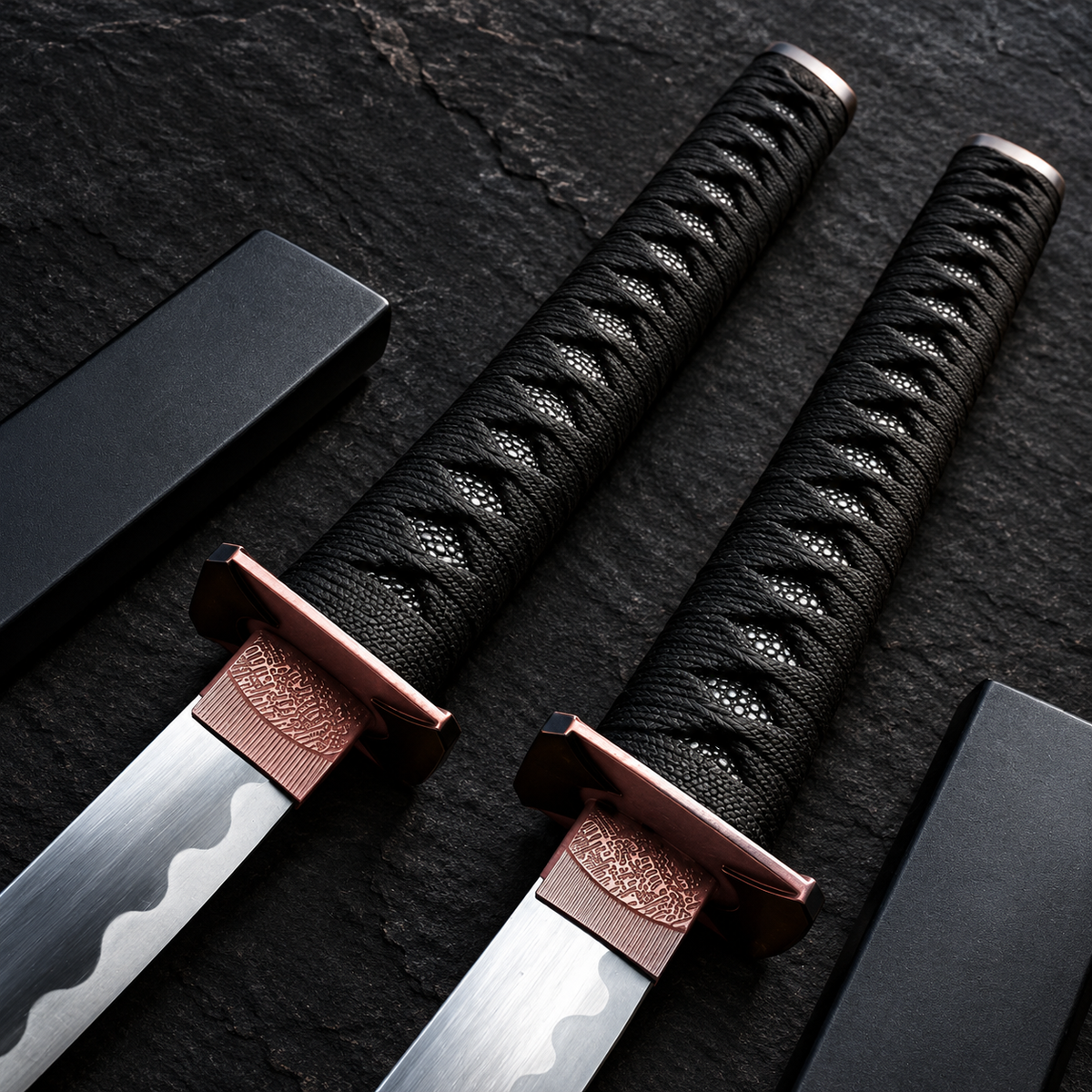 Deadpool Samurai Twin Katana Sword Set with Red Tsuba, Matching Dual Sword Replicas, and Back Strap for Collectors