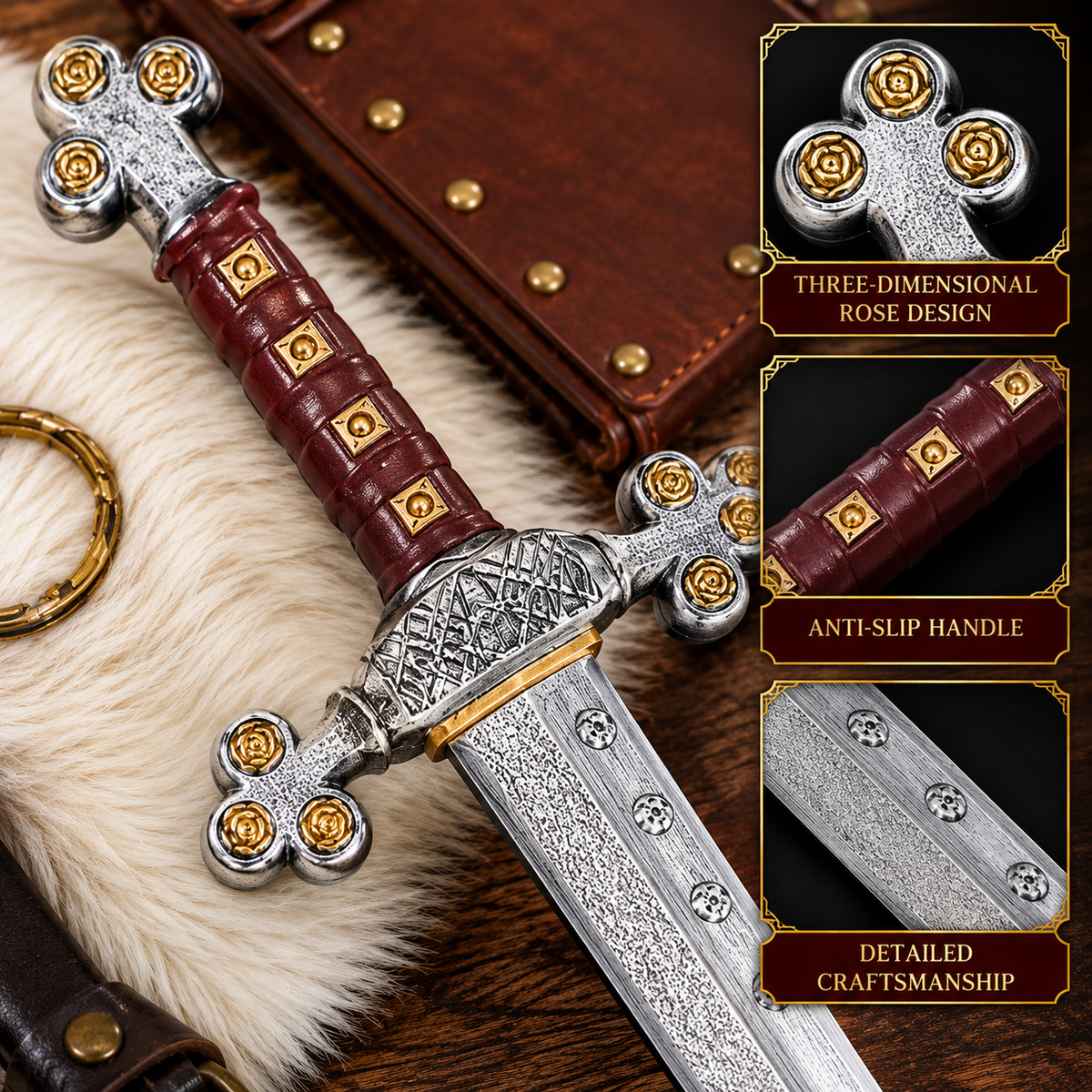 27.5-inch medieval Crusader Knight sword with a silver-tone blade and ornate medieval-inspired hilt, designed as a fantasy costume prop for Halloween, knight cosplay, LARP events, and themed collections.