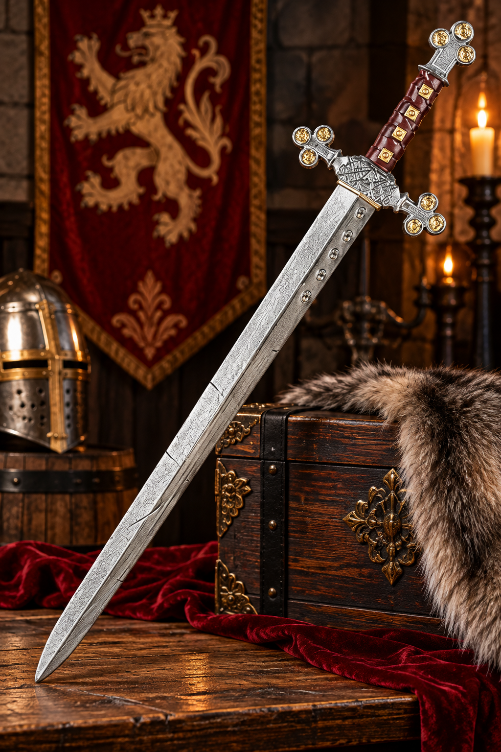 27.5-inch medieval Crusader Knight sword with a silver-tone blade and ornate medieval-inspired hilt, designed as a fantasy costume prop for Halloween, knight cosplay, LARP events, and themed collections.