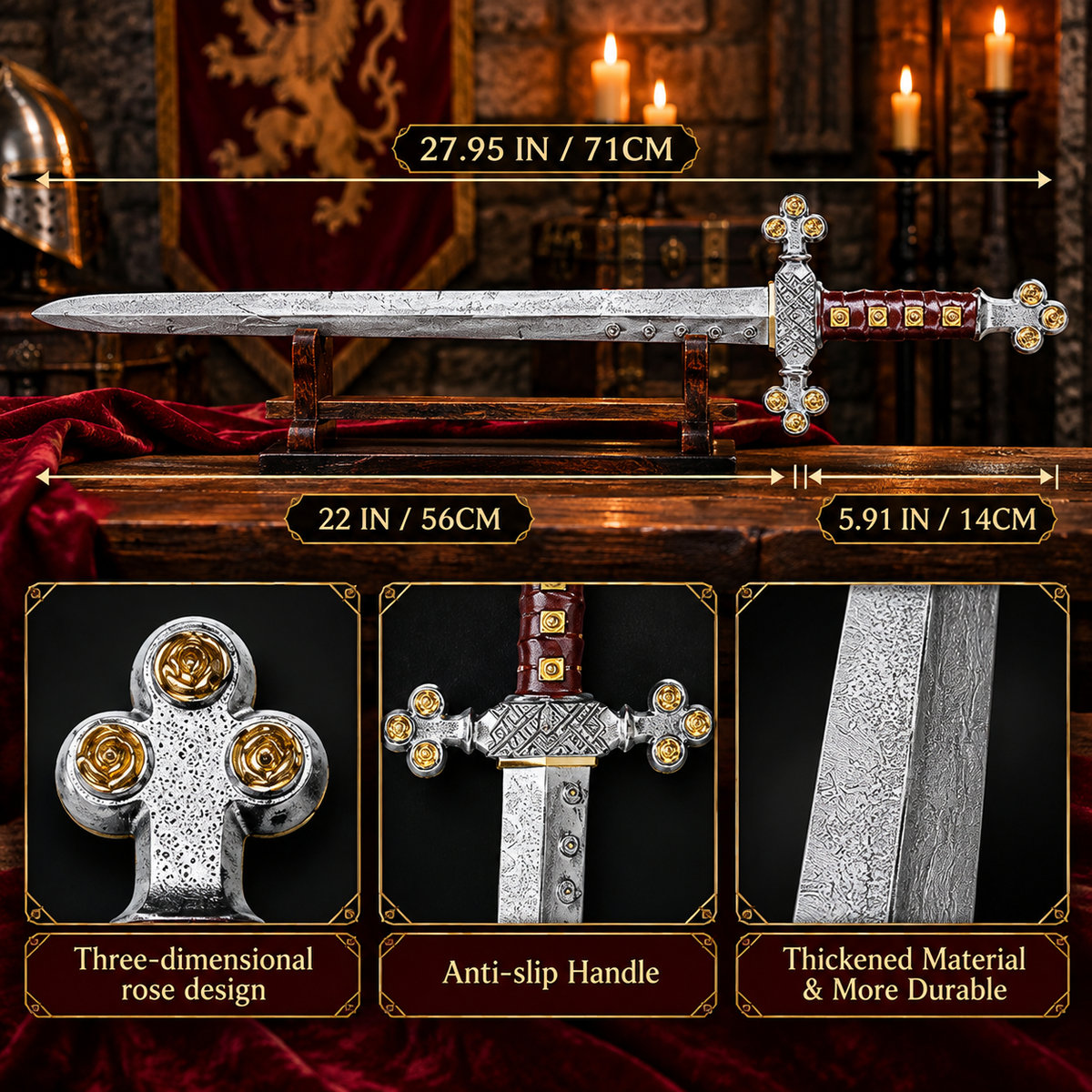 27.5-inch medieval Crusader Knight sword with a silver-tone blade and ornate medieval-inspired hilt, designed as a fantasy costume prop for Halloween, knight cosplay, LARP events, and themed collections.