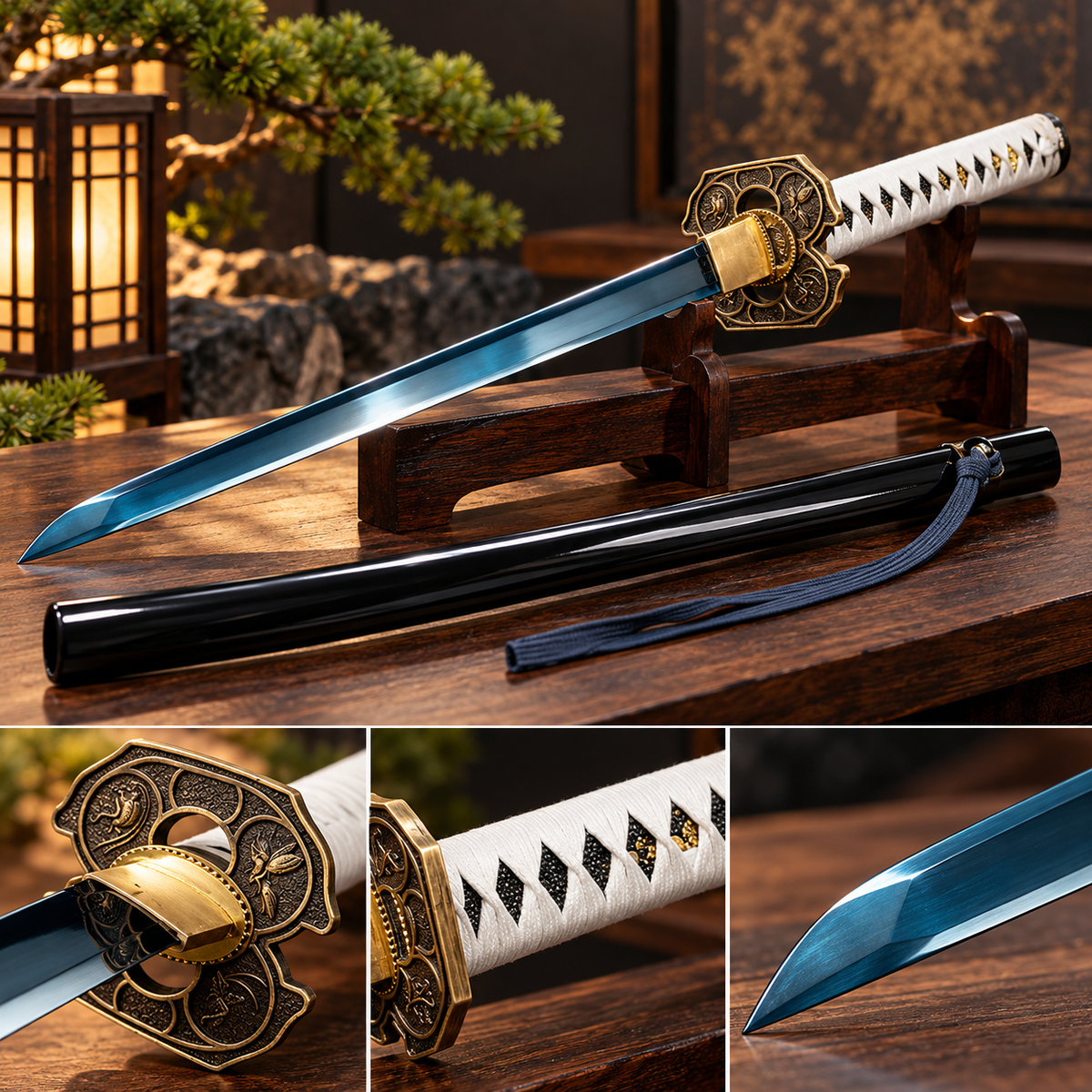 41-inch Japanese-style katana sword featuring a blue-finish blade, white cord-wrapped handle, ornate gold-tone guard, and matching black scabbard displayed on a wooden stand.