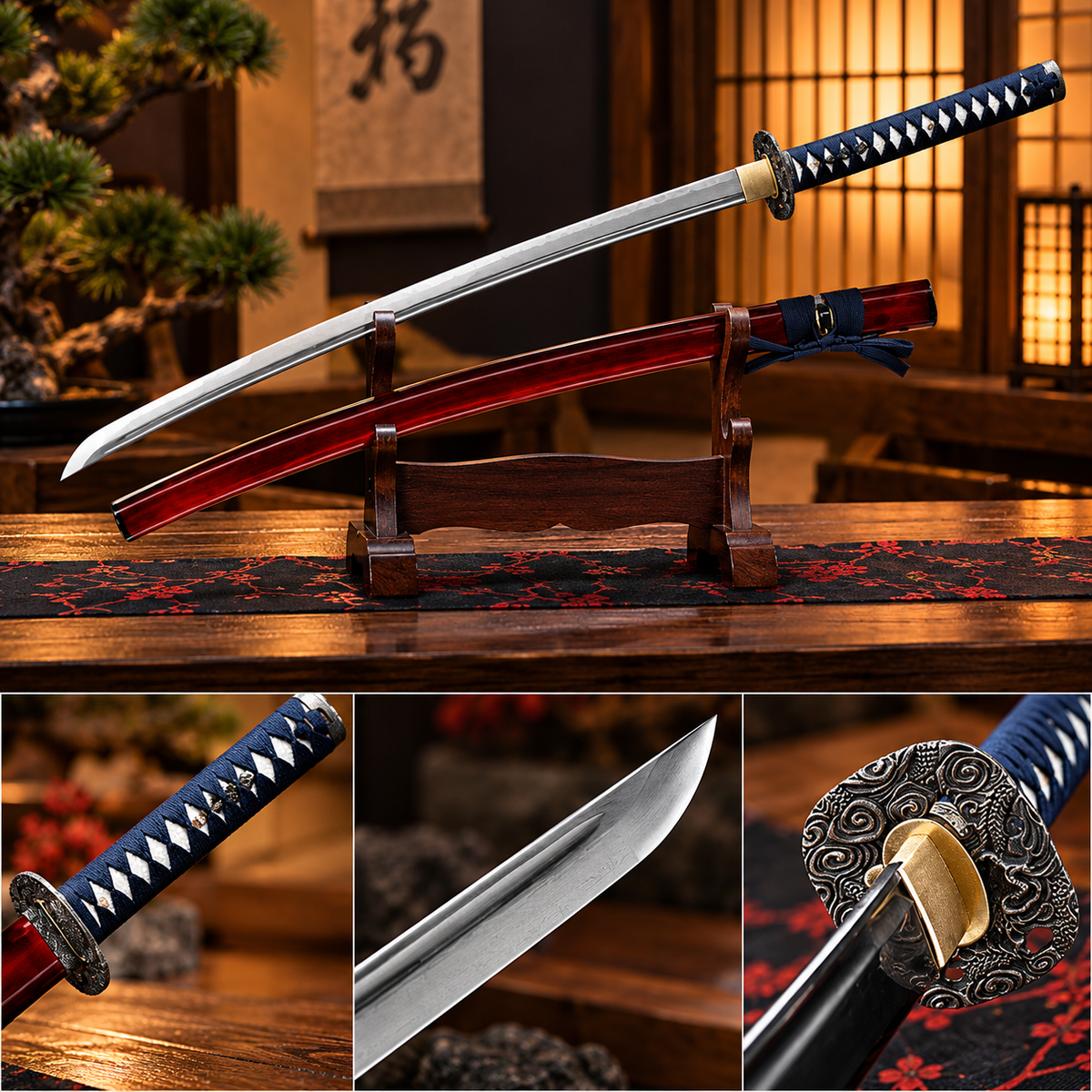Black Samurai Japanese Katana Sword with ornate dragon-style guard, navy-blue and white wrapped handle, polished silver-tone blade, and glossy red scabbard displayed on a wooden stand.