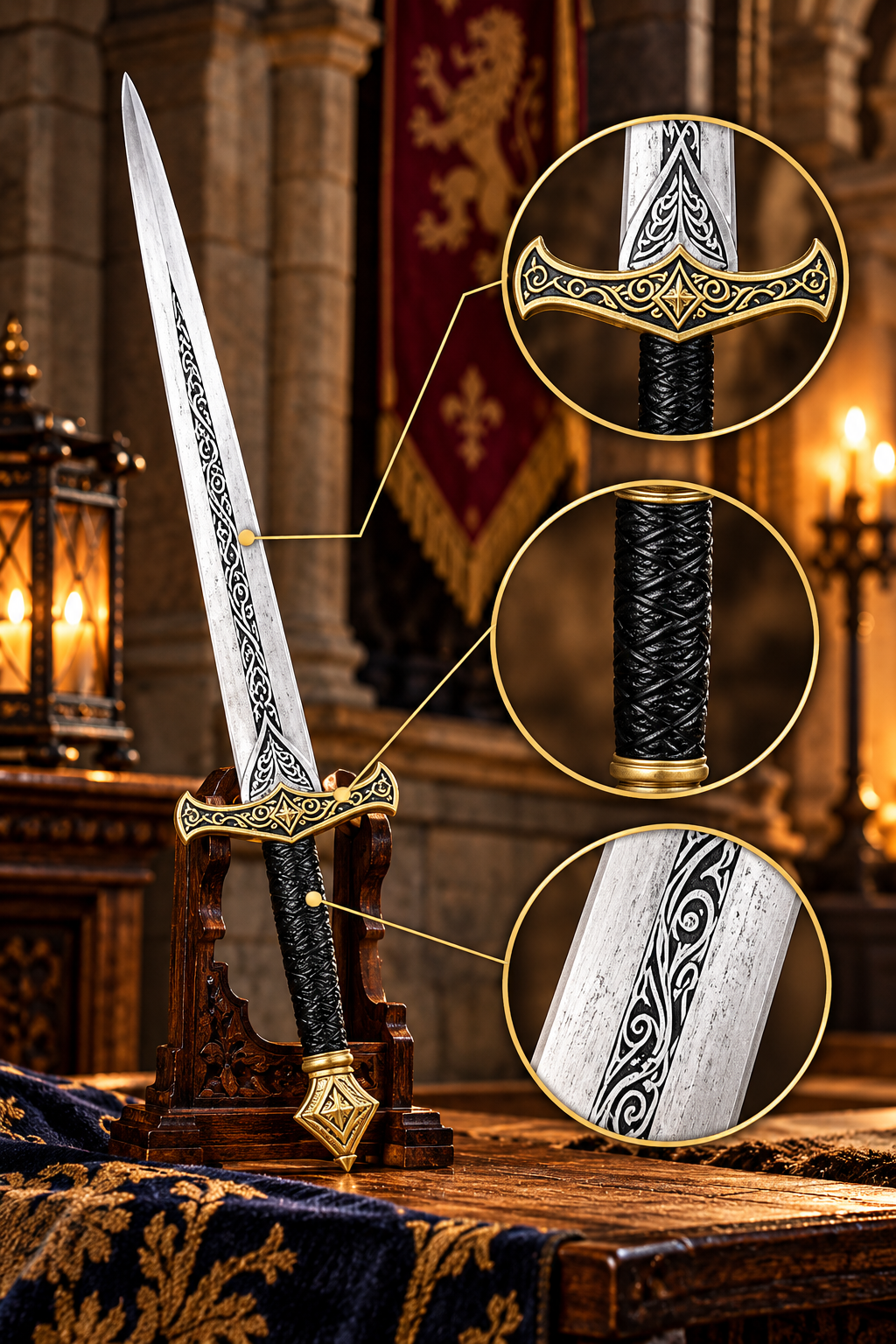 33.5-inch medieval foam sword with a decorative silver blade, ornate gold-tone guard, textured black handle, and elegant fantasy styling for cosplay costumes, medieval events, and themed collections.