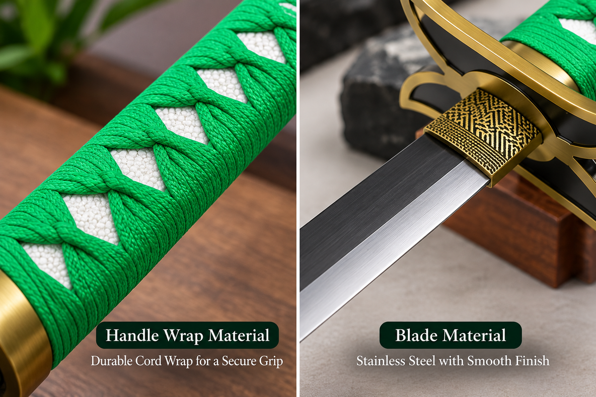 Green Nelliel Tu Odelschwanck katana sword inspired by Bleach anime, featuring a bright green cord-wrapped handle, ornate gold-tone guard, dark steel blade, and matching glossy green scabbard