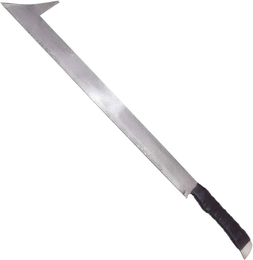 A long, narrow machete-style knife with a silver metal blade, a black wrapped handle, and a silver metal tip, shown diagonally on a plain white background.
