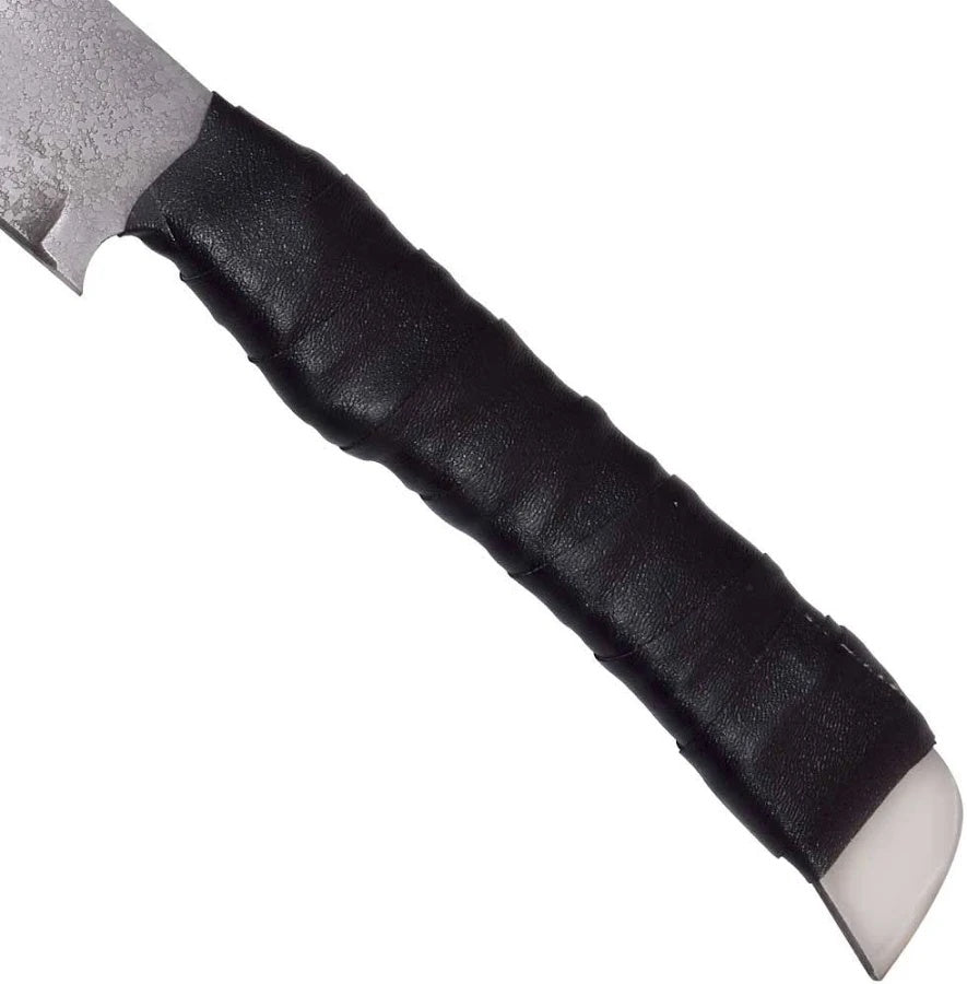 A close-up of a knife handle wrapped in black textured grip tape, with a silver metal blade tip and a white plastic end cap, shown on a plain white background.
