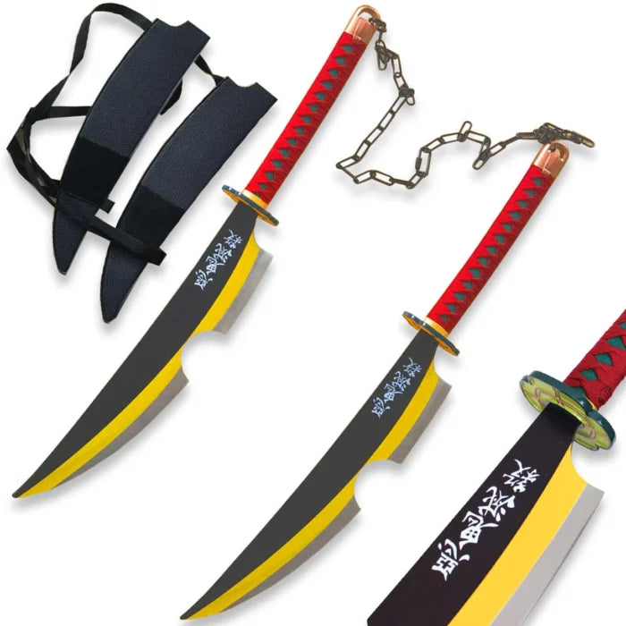 Tengen Uzui's Amber Nichirin twin sword replicas from Demon Slayer featuring dual blades joined by a chain with traditional wrapped handles.