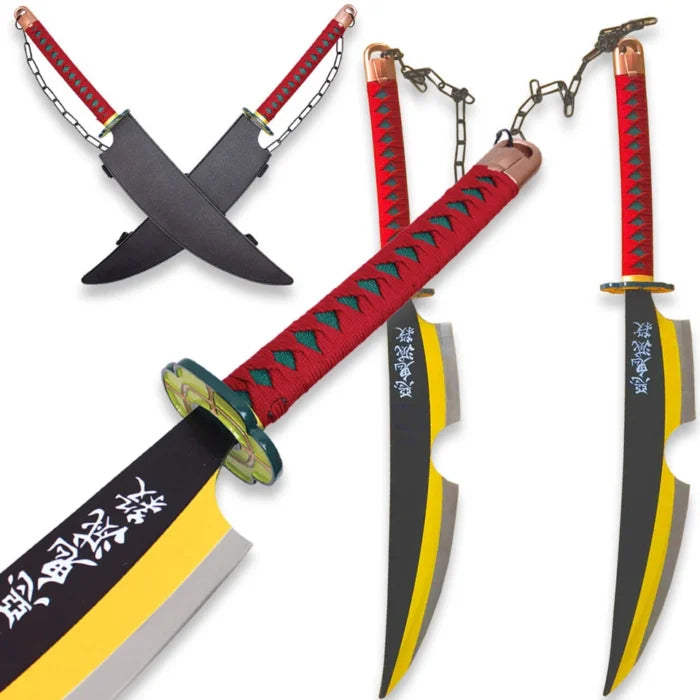 Tengen Uzui's Amber Nichirin twin sword replicas from Demon Slayer featuring dual blades joined by a chain with traditional wrapped handles.