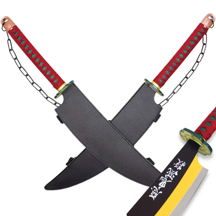 Tengen Uzui's Amber Nichirin twin sword replicas from Demon Slayer featuring dual blades joined by a chain with traditional wrapped handles.