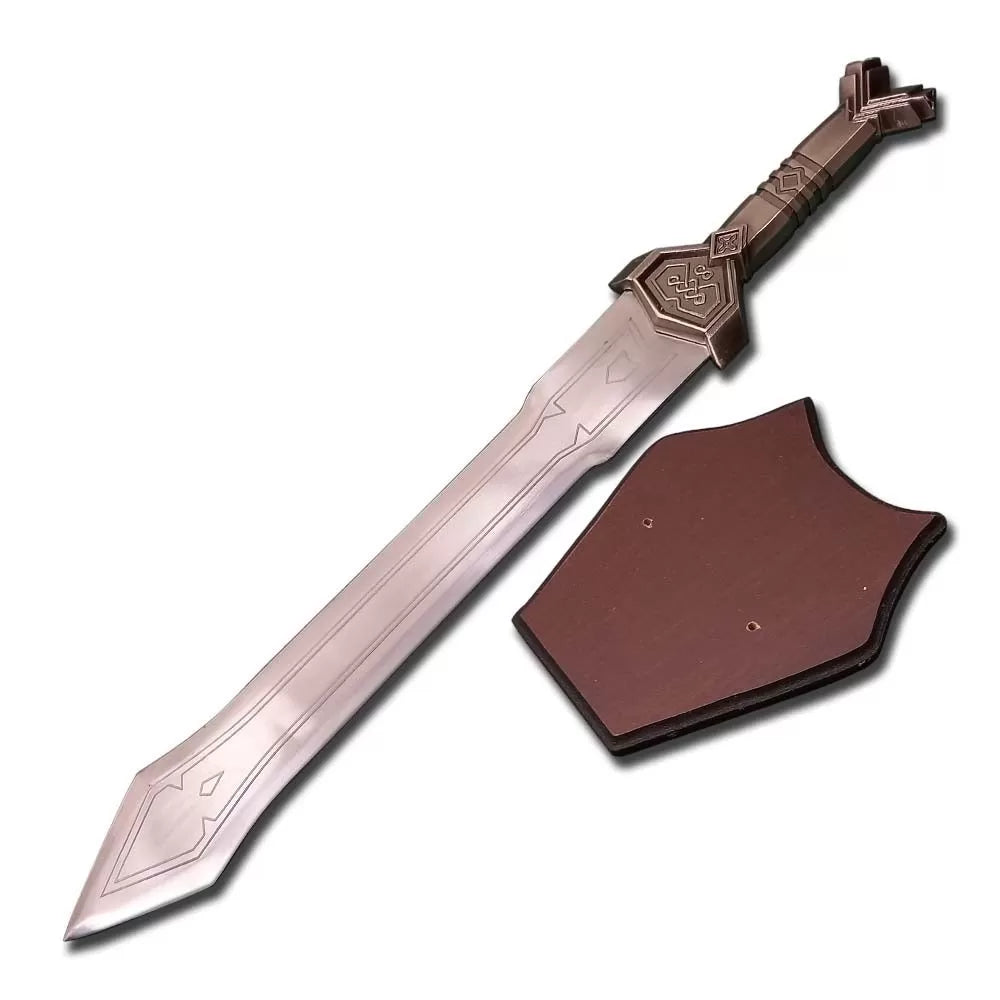 Thorin sword replica from The Hobbit featuring a detailed Dwarven-style blade with a free decorative wall plaque.