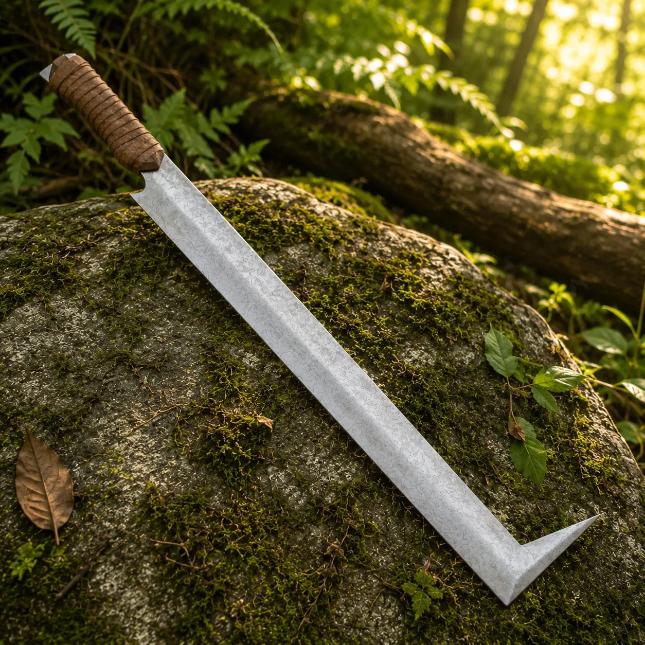 A long, narrow machete-style knife with a silver metal blade, a black wrapped handle, and a silver metal tip, shown diagonally on a plain white background.