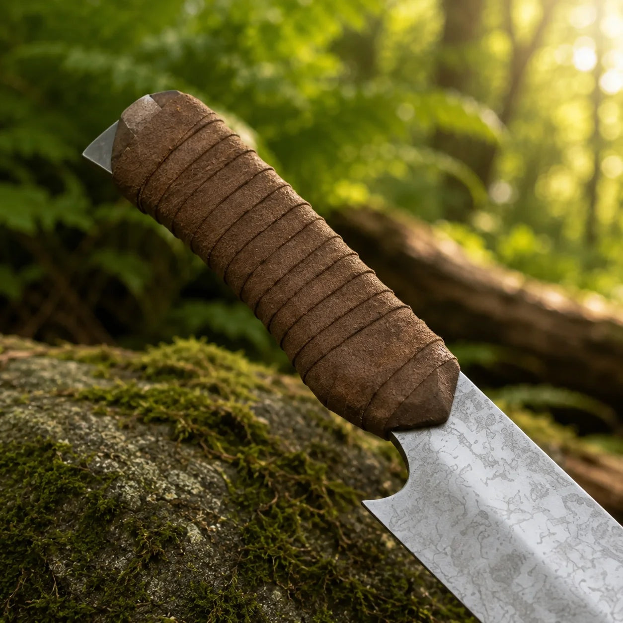 A close-up of a fixed-blade knife with a textured brown handle and a patterned steel blade, resting on a mossy rock with a blurred forest background.