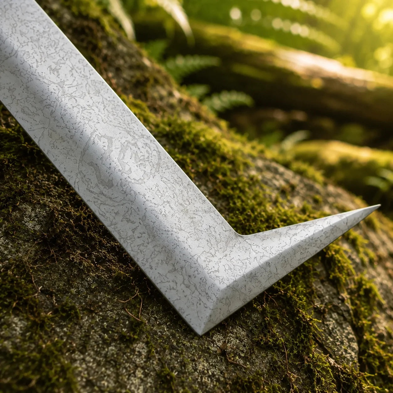 A close-up of a white speckled stone or concrete L-shaped corner piece resting on a mossy rock outdoors.