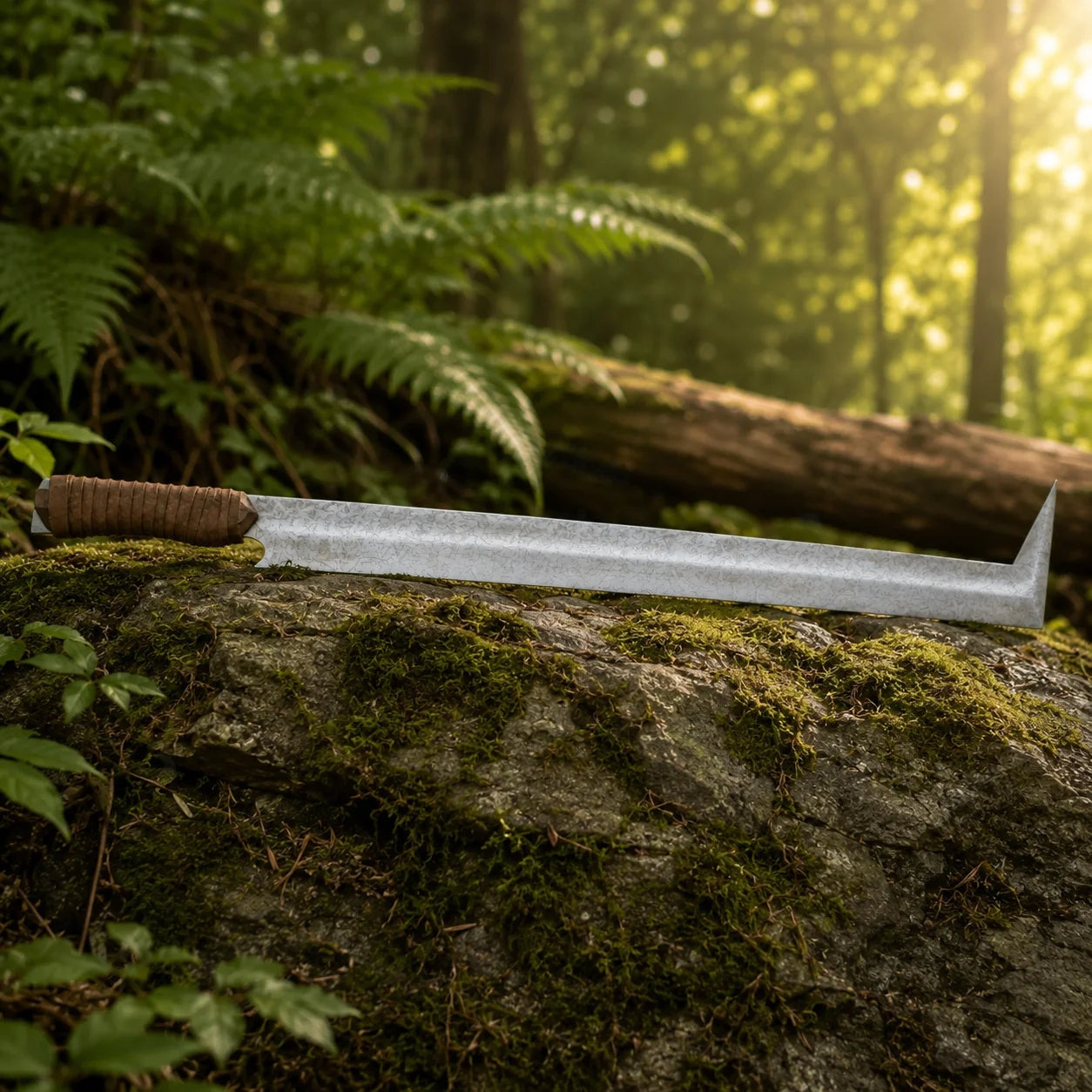 A long, straight sword with a textured silver blade and a brown wrapped handle rests on a mossy rock in a sunlit forest clearing.